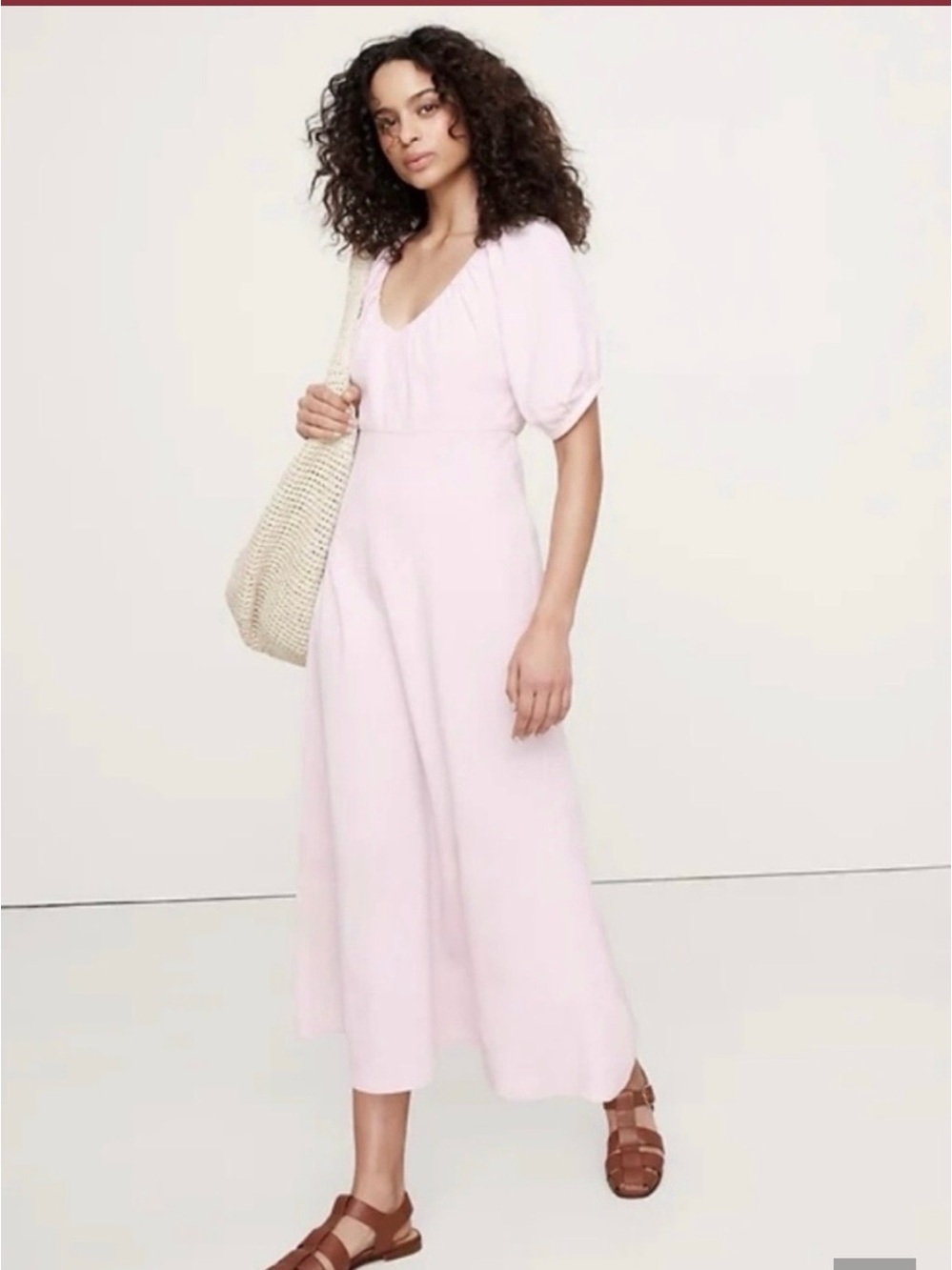Banana Republic Pink Puff Sleeve Linen Blend Midi Dress 2 Petite